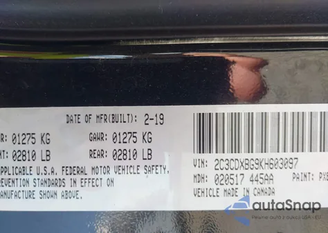 2019 Dodge Charger Sxt Rwd z USA, uszkodzony, nr VIN 2C3CDXBG9KH603097